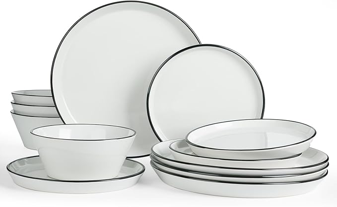 Famiware Saturn Dinnerware Sets, Plates and Bowls Sets for 4, 12 Pieces Stoneware Dish Set - Chip and Scratch Resistant, Microwave and Dishwasher Safe Tableware Set, White with Rim