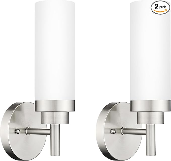 Emak Brushed Nickel Sconces Wall Lighting, Modern Vanity Lights with Milk Glass Shade, Wall Sconce for Bathroom, Bedroom, Living Room, Hallway, WS085-BN-ML-2PK