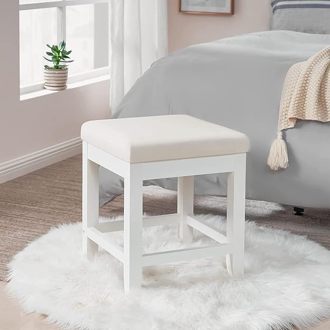BEWISHOME Vanity Stool, Bedroom Vanity Chair with Upholstered Seat, Desk Stool, Soft Cushioned Piano Stool, Square 18” Height Makeup Bench, Piano Bench Vanity Bench Capacity 300lb White FSD06W