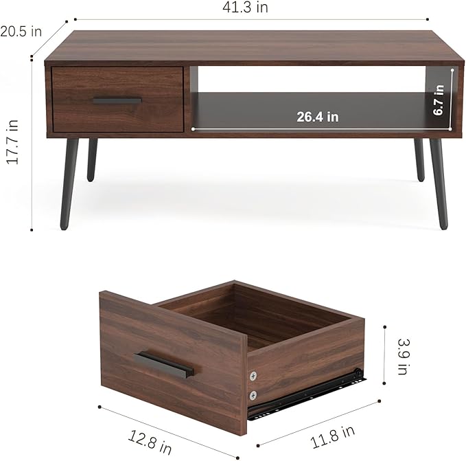 HAIOOU Coffee Table, Mid Century Modern Center Table for Living Room with Storage, Walnut Tea Table with Drawer, Open Storage Shelf, Floor-Anti-Scratching Pine Leg for Home, Office(Dark Brown)