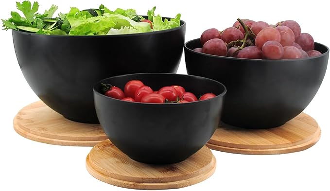 Salad Bowl Set of 3 with Bamboo Wooden Lids, Mixing Bowls Set, Nesting Bowls for Space Saving Storage, Made with Durable Eco-Friendly Bamboo Fiber, Great for Prepping and Serving Food, Black