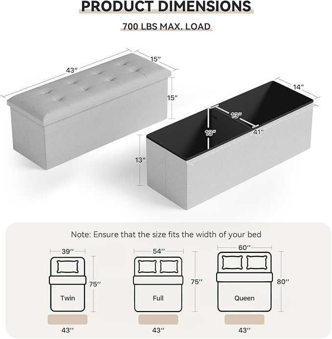 Storage Ottoman Bench, 43 Inch Ottoman Foot Rest, End of Bed Bench, Storage Chest, Load 700 lb, for Living Room, Bedroom, Entryway, Light Gray