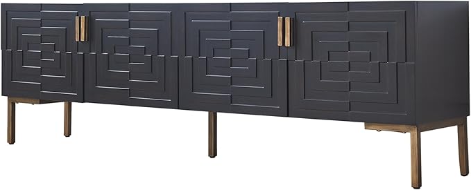 78'' Modern TV Stand with Gold Iron Legs, 4-Door Black TV Table with Shelves, Mid Century Media Console Table for TVs Up to 80''
