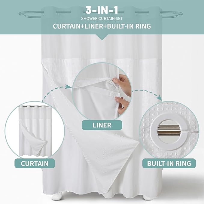 White No Hook Waffle Weave Shower Curtain with snap-in Liner Replacement, 230GSM Waterproof Fabric Hotel Shower Curtain Set for Bathroom, Through Mesh Top Window,71Wx74H
