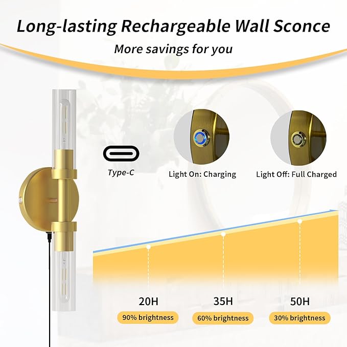 Battery Operated Wall Sconce Set of Two, Rechargeable Wall Lamp with Touch Control, Dimmable Wireless Bathroom Vanity Lights Over Mirror, Modern Wall Light for Living Room Hallway, Gold