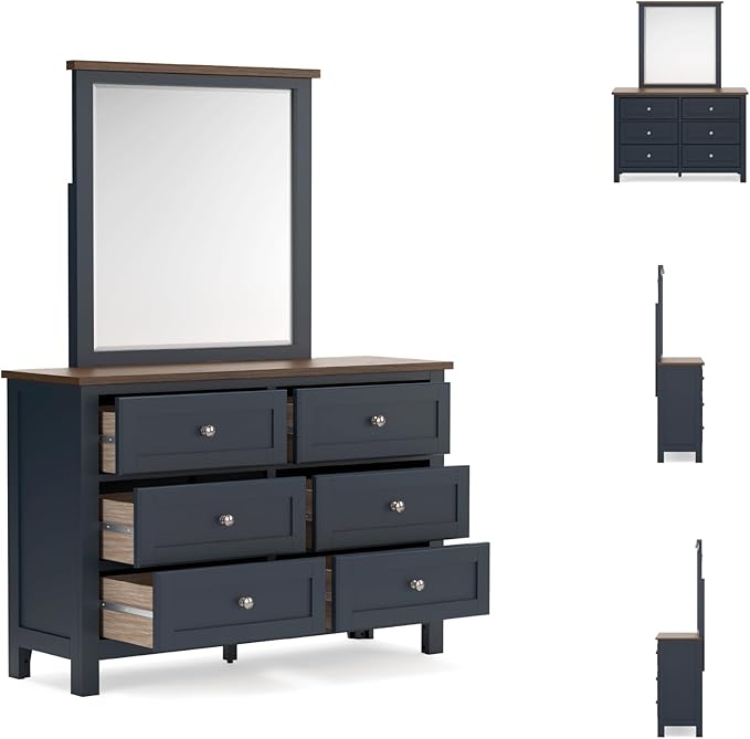 Signature Design by Ashley Landocken Casual 6-Drawer Dresser and Mirror with Safety Stop, Blue & Light Brown