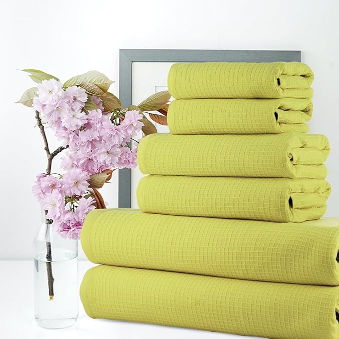 CASA COPENHAGEN Waffle Towel, 6Pieces 100% Cotton Large Towel Set- Lime Green, 2Bath 2Hand 2Washcloths Instant Absorb and Dry, Soft Strong Towels for Hotel Spa Kitchen Bathroom & Shower