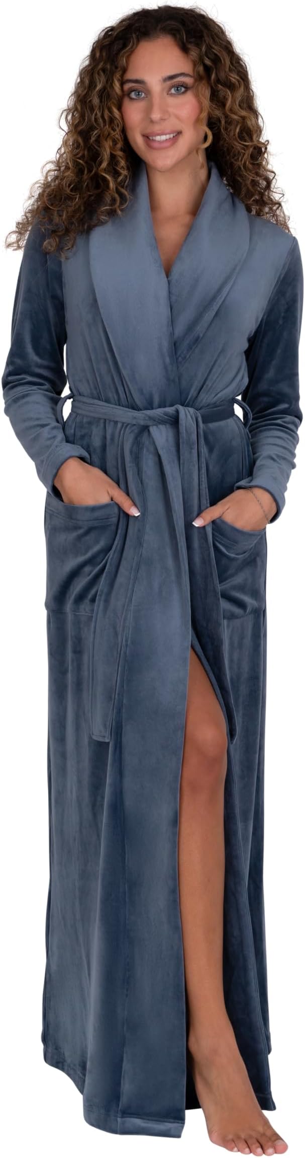 Be Relax Terry Velour Robe - Made of Polyester, Shawl Collar Robe with Belt & Side Pockets, Soft & Warm Bathrobe for Women