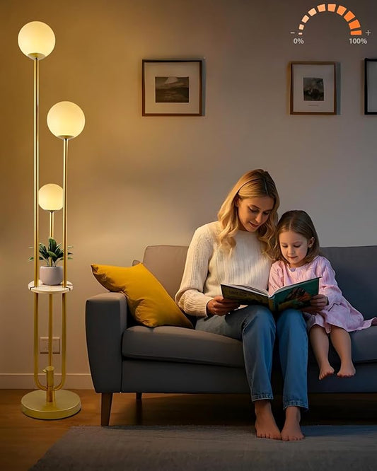 Lightdot Gold Globe Floor Lamp 3-Lights Dimmable Floor Lamps with Tray 3000K Bulbs Included Unique Floor Lamp Candle Holder Style Modern Standing Lamps for Living Room/Bedroom