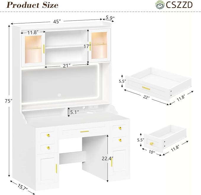 75" Vanity Desk with Mirror and Lights, Makeup Vanity with 5 Drawers & 2 RGB Door, White Vanity with Charging Station, Big Vanity Table with Lighted Mirror, 3 Color Lighting Modes, for Bedroom