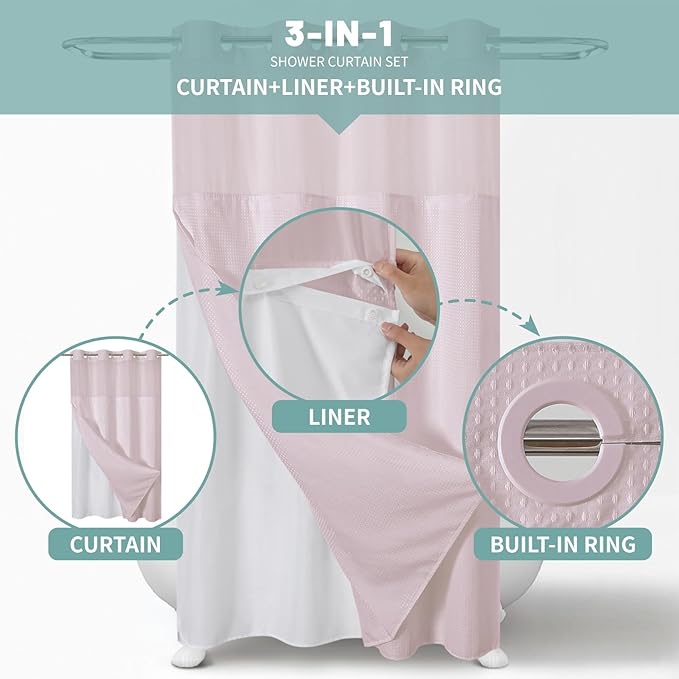 BlushPink No Hook Waffle Weave Shower Curtain with snap-in Liner Replacement, 230GSM Waterproof Fabric Hotel Shower Curtain Set for Bathroom, Through Mesh Top Window,54Wx80H