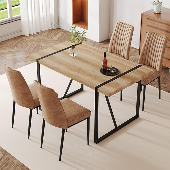 Dining Table Chairs Set for 4, Modern Rectangular Dining Room Table Set PU Leather Upholstered Dining Chairs 55" Dinner Table Set for Kitchen, Dining Room (Dining Table Set for 4, Brown)