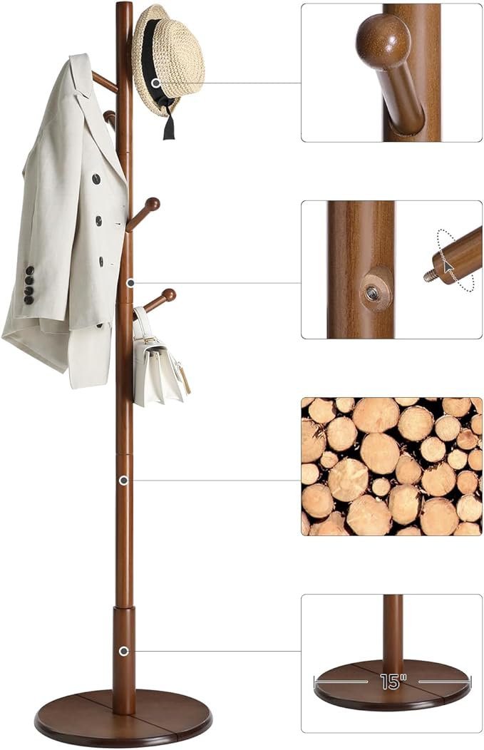 VASAGLE Solid Wood Coat Rack, Free Standing Hall Coat Tree with 7 Hooks, 3 Height Options, for Coats, Hats, Bags, Purses, for Entryway, Hallway, Rubberwood Hooks and Pole, Dark Walnut URCR07WN