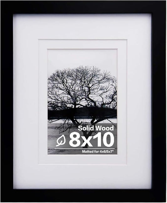 Egofine 8x10 Picture Frame Made of Solid Wood with Plexiglass, Display Pictures 4x6/5x7 with Mat or 8x10 Without Mat for Tabletop and Wall Mounting, Rustic Black