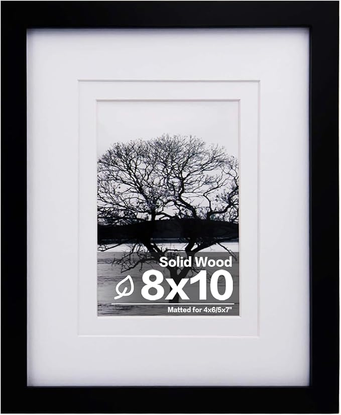 Egofine 8x10 Picture Frame Made of Solid Wood Covered by Plexiglass, for Pictures 4x6 or 5x7 with Mat or 8x10 Without Mat, Table Top Display and Wall Display Photo Frame, Black