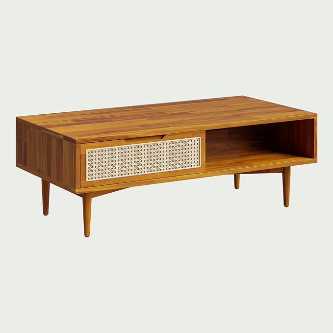 Bme Oliver Coffee Table, Mid Century Modern Coffee Table, Side Table with Storage, 2 Drawers & Open Compartments, Solid Wood Legs with Adjustable Levelers, Rattan Accent for Living Room, Caramel
