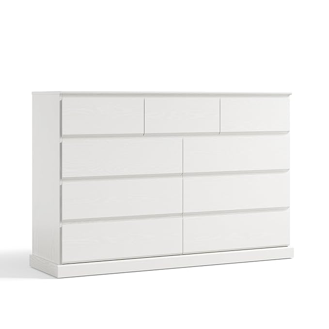 LINSY HOME 9 Drawer Dresser for Bedroom, 53" Wide Chest of Deep Drawers, Modern Farmhouse TV Stand Dressers with Storage, Large Drawer Organizer for Bedroom, Living Room, Handless Design, White