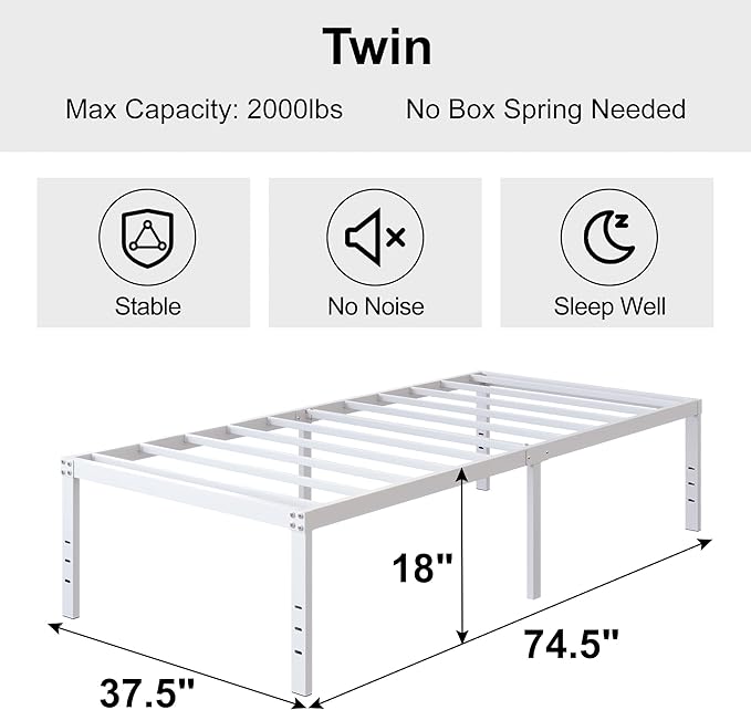 18 Inch Twin Bed Frame Heavy Duty No Box Spring Needed Metal Platform with Maximum Storage, Easy Assembly, Noise Free, White