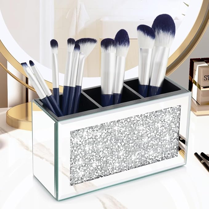 Crystal Crushed Diamond Silver Makeup Brush Holder Organizer, 3 Slot Mirrored Cosmetics Brushes Storage Case, Cute Pen and Pencil Glass Holder, Eyeliners Display Case