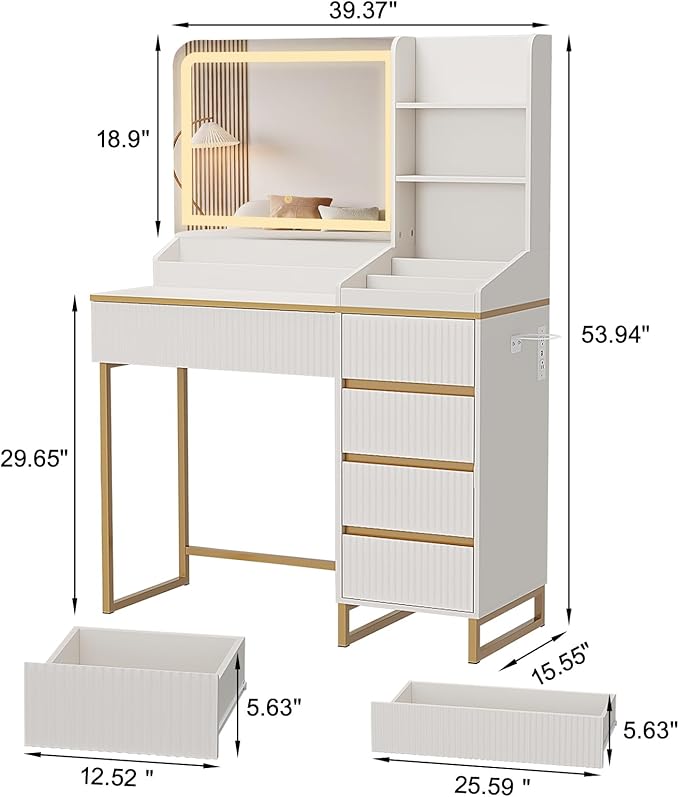 Vabches Makeup Vanity with Mirror and Lights, White and Gold Vanity Desk with 5 Drawers and Charging Station, Vanity Table for Bedroom