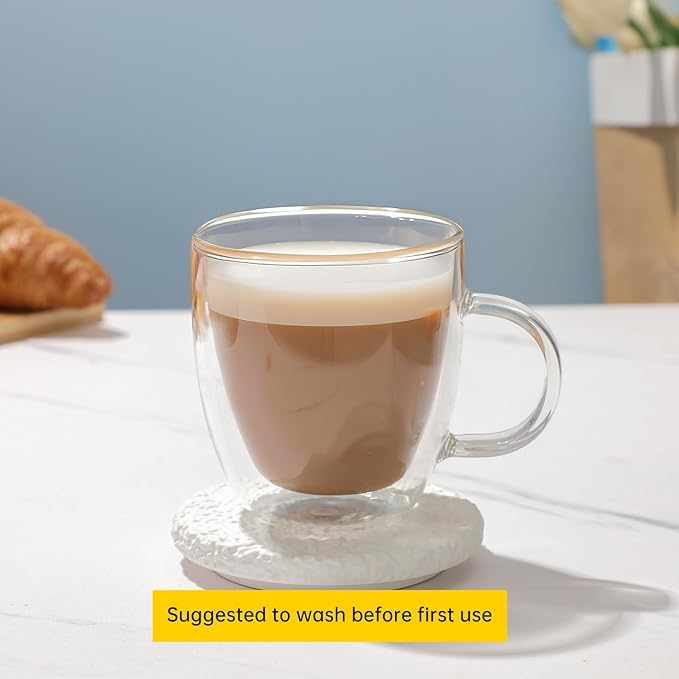 Aurzen 2 Pack Double Walled Glass Coffee Mugs with Handles, Large Insulated Layer Coffee Cups, Clear Borosilicate Mugs, Perfect for Cappuccino, Tea, Microwave Safe (5oz-2Pack B)