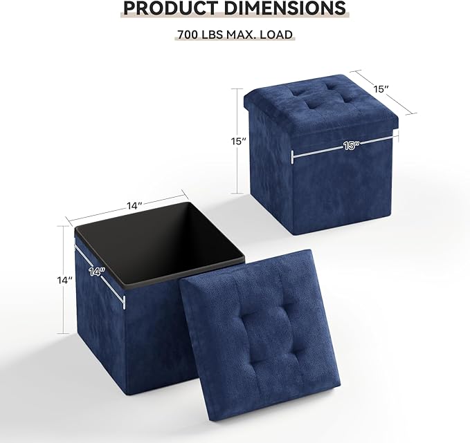 Storage Ottoman Bench, 15 Inch Ottoman Foot Rest, End of Bed Bench, Storage Chest, Load 700 lb, for Living Room, Bedroom, Entryway, Navy Blue