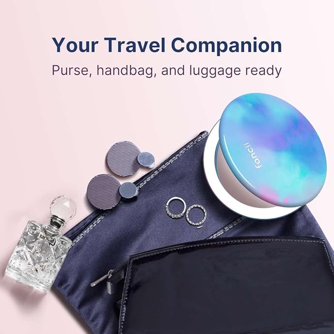 Fancii Taylor Travel Makeup Mirror with LED Light, Rechargeable, 10x /1x Magnifying & 3 Light Settings - Compact, Large 5” Wide Mirror for Handbag and Purses (Lavender Lagoon)