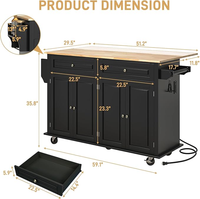 59.1" Movable Kitchen Island with Drop Leaf and Power Outlet, Rolling Island Cart w/Storage Cabinet, Island Table on Wheels for Kitchen w/2 Drawers, Spice Rack, Towel Bar, Garage Hook, Black