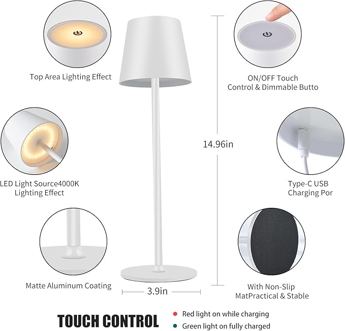BGFHome 2Pack Cordless Table Lamp LED Desk Lamp,5000mAh Rechargeable Touch Night Light Wireless Minimalist Design for Couple Dinner/Restaurant/Bedroom/Bars/Outdoor Party/Camping/Coffee Shop（White