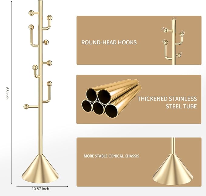 Modern Metal Coat Rack Stand with Cone Base, Heavy Duty Coat Rack Freestanding with 8 Hooks, Golden Cactus Standing Coat Racks for Bag, Jacket, Entryway Office (Golden cone base)