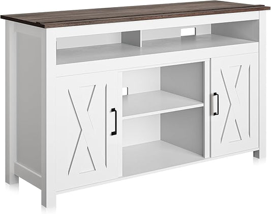 BELLEZE 48" TV Stand, Entertainment Center for TVs up to 55", Media Console Table with Two Open Shelves and Storage Cabinets - Corin (White)