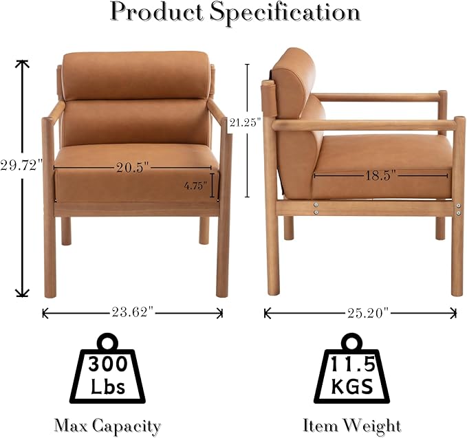 Modern Living Room Chair, Brown Upholstered Accent Chair with Channel Tufted Back, Walnut Wood Lounge Reading Arm Chair, Faux Leather Fabric Side Sitting Chair for Guest Room, Balcony, Bedroom