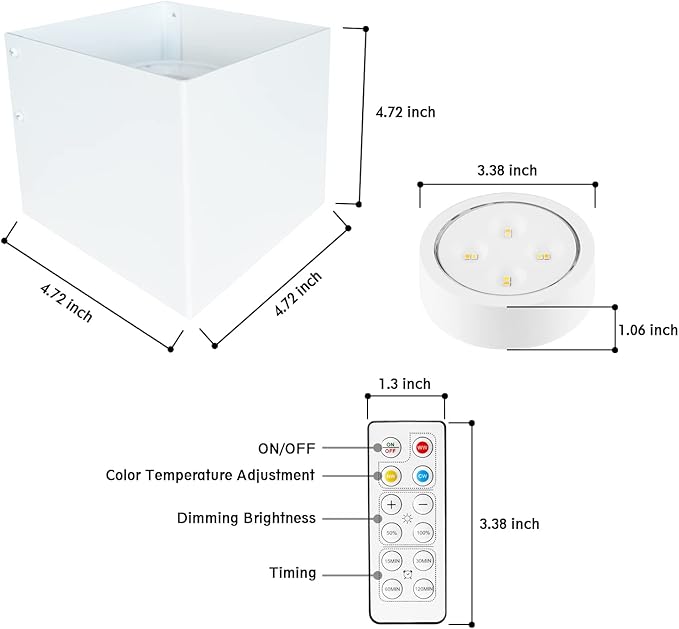 HEQIQEH Modern Cube Battery Operated Wall Sconces, White LED Cube Indoor Up and Down Wall Lamp with Remote Control, Dimmable Cordless Wall Lighting Fixtures for Living Room,Bedside (White - 2 Pack)