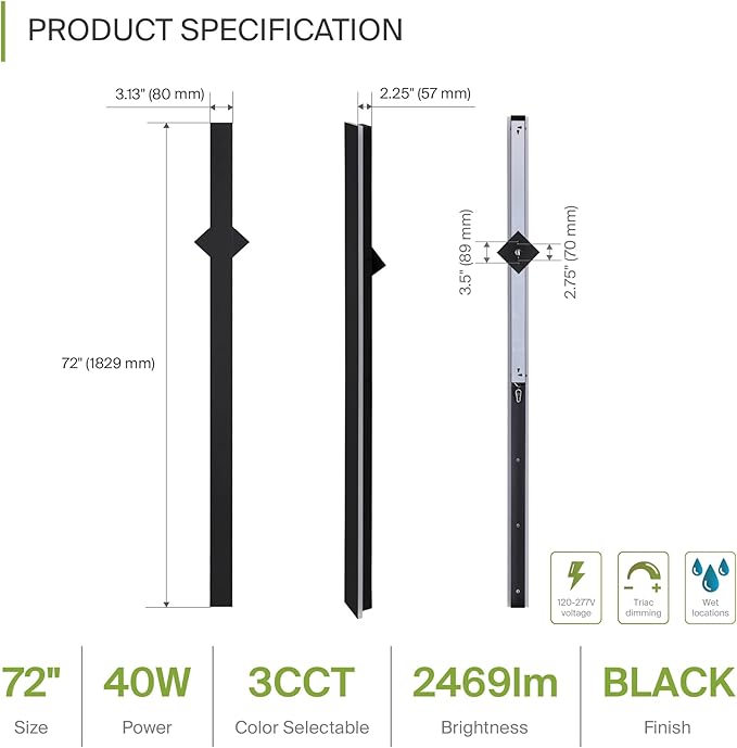 ASD LED 72" Long Wall Mount Light Fixture, Outdoor & Indoor Linear Sconce | 3CCT, Dimmable, Waterproof, Anti-Rust, ETL Listed | 40W 2400LM 3000-5000K 100-277V | Exterior Porch Lighting | Black, 2 Pack
