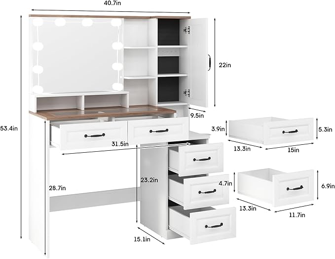 Vabches Makeup Vanity Desk with Lights and Mirror, Brown Vanity Table Set with Charging Station, Glass Top Vanity with RGB Lights, Large Mirror with 3 Lighting Modes, 5 Drawers & Cabinet, 40.7in(L)