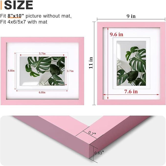 Egofine 8x10 Picture Frame Made of Solid Wood with Plexiglass, Display Pictures 4x6/5x7 with Mat or 8x10 Without Mat for Tabletop and Wall Mounting, Pink
