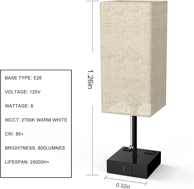 Table Lamp for Bedroom with USB,Bedside Lamp with USB C+A Charging Ports,Adjustable 3color LED Light for Home Decor/Nightstand/Office,Included Bulb and Fabric Lamp Shade (Linen White, 1PCS)