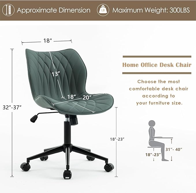 YOUNUOKE Armless Desk Chair Comfy Office Chair with Wheels Home Ergonomic Task Chair Adjustable Computer Chairs Modern Faux Leather Swivel Chair Upholstered Makeup Vanity Chair(Grayish Green)