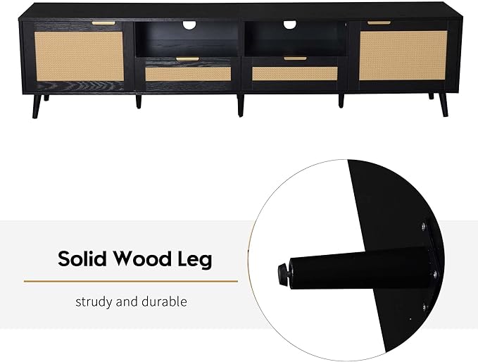 Rattan TV Stand for TVs up to 85'', Boho Entertainment Center with 2 Doors & 2 Drawers, Solid Wood Feet, Vintage Console Table for Living Room