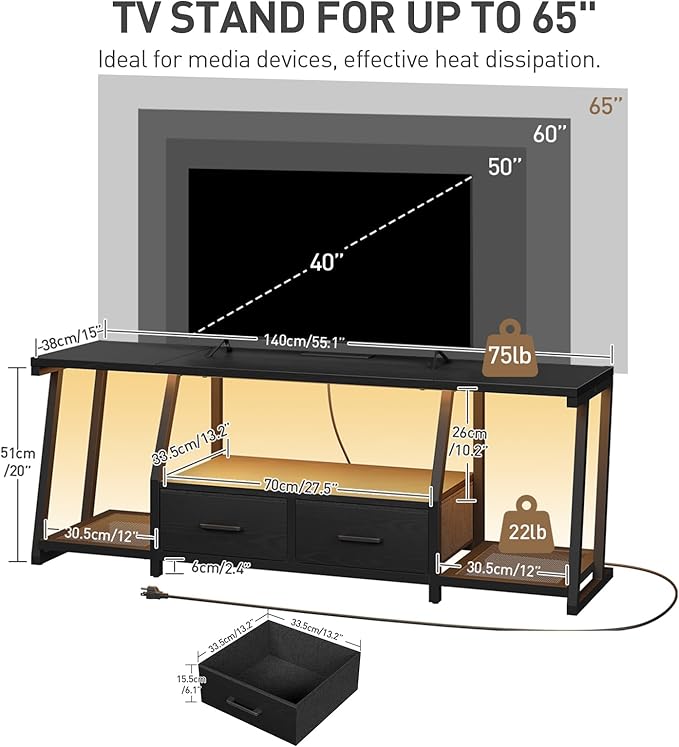 LED TV Stand with Fabric Drawers for 65 Inch TV, Entertainment Center with Power Outlets and Open Storage Shelves, Industrial Media TV Console Table for Living Room, Bedroom, Black