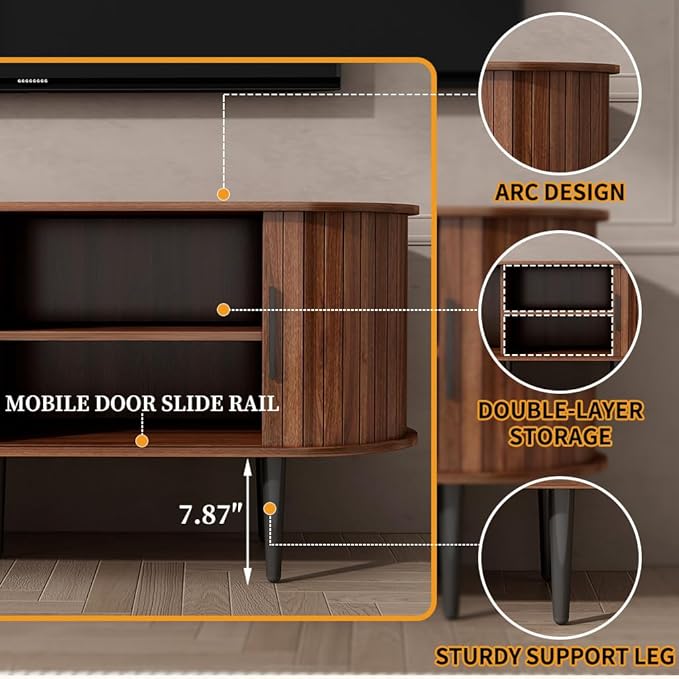 47" Mid-Century Modern TV Stand with Sliding Door & Storage | Walnut Media Console for Living Room | Gaming Entertainment Center Cabinet for Bedroom/Office (47")