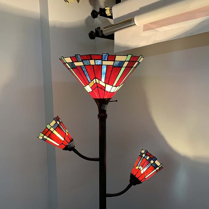 Bieye L10835 Mission Tiffany Style Stained Glass Floor Lamp for Reading Working Decorating, 3-Lights, 70 inches Tall