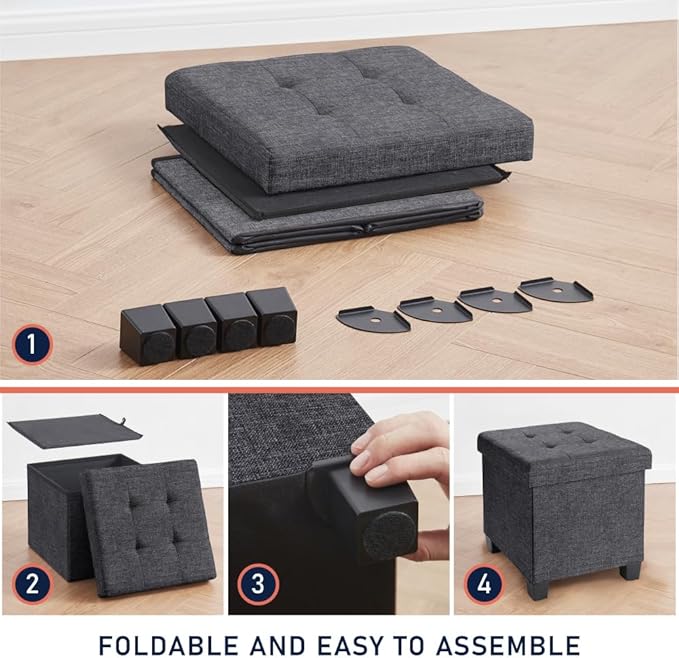 Ornavo Home 15 Inch Folding Storage Ottoman with Storage, Square Cube Linen Small Storage Ottoman Foot Rest Stool with Legs - Dark Gray