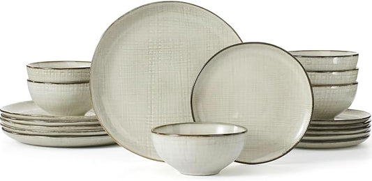 Famiware Moonlight Plates and Bowls Sets, 18 Pieces Stoneware Dinnerware Sets with Linen Finish, Handmade Dishware set for 6, Microwave and Dishwasher Safe, Scratch Resistant Tableware, Summer Sand