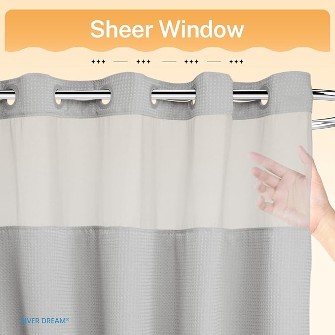 River Dream No Hooks Required Dotted Light Grey Shower Curtain with Snap in Liner - 71" W x 74" H,Hotel Grade,Spa Like Bath Curtain