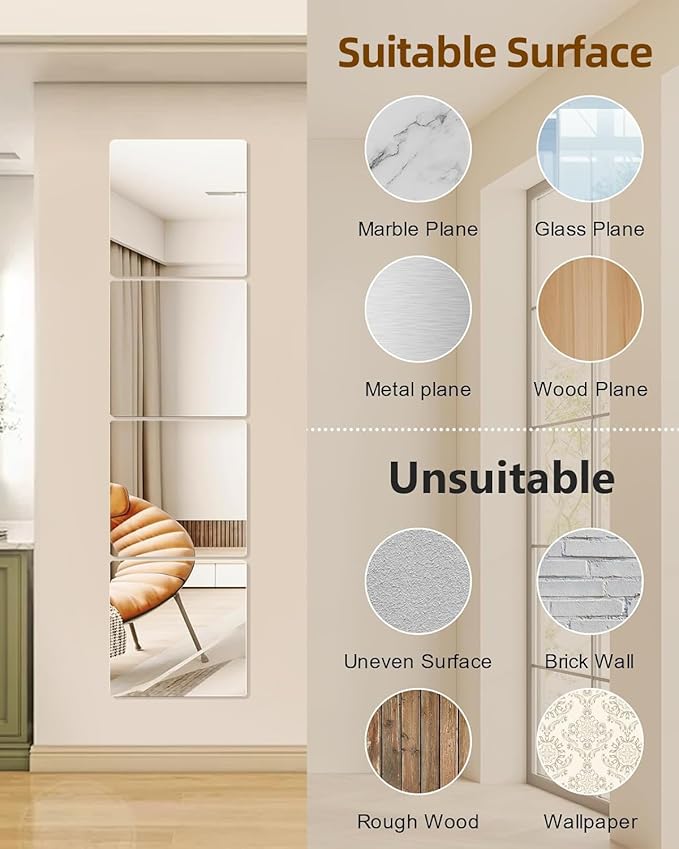 Glass Wall Mirror Tiles 12" x 12" Frameless Full Length Mirror Wall Mounted Full Body Mirrors for Bedroom Home Gym Door Bathroom (4PCS)