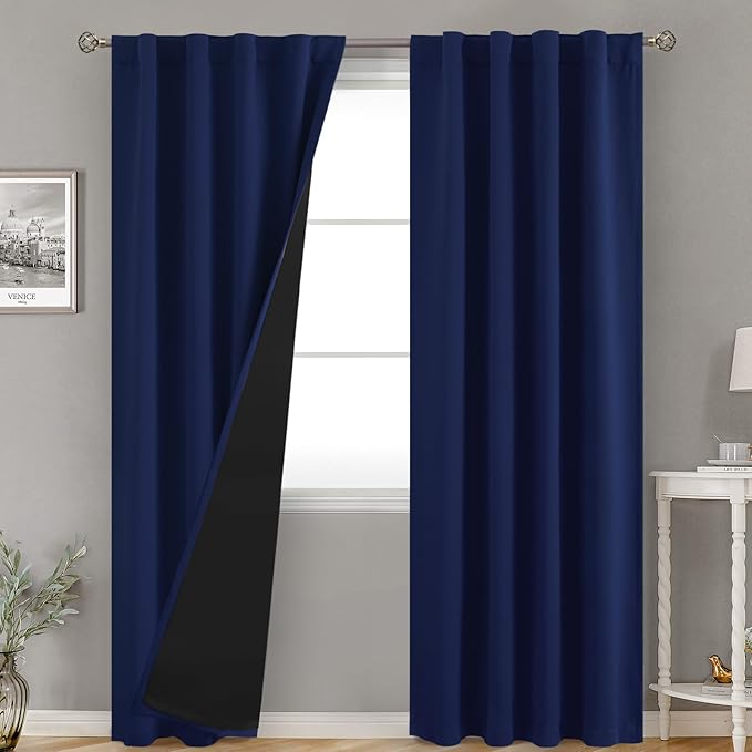 BGment Navy Blue 100% Blackout Curtains for Bedroom, Black Out Living Room 84 inch Panels with Thermal Liner, Rod Pocket and Back Tab Double Layer Room Darkening Drapes, 2 Panels,Each 38 x 84 Inch