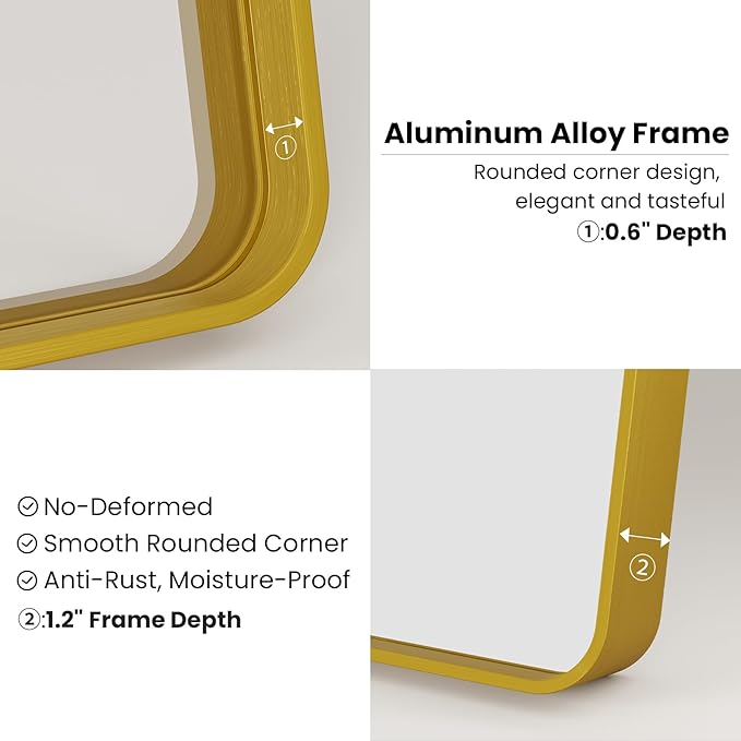 Gold Bathroom Mirror, 30x36 Inch Brushed Gold Metal Frame Mirror for Wall, Rounded Rectangle Bathroom Vanity Mirror, Tempered Glass, Anti-Rust, Horizontal/Vertical