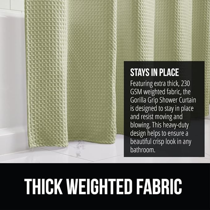 GORILLA GRIP Waffle Shower Curtain, Thick Weighted Fabric, Wrinkle and Rust Resistant, Classic Hotel Quality Design, Heavy Duty Long Curtains for Bathroom Showers, Bath Tubs, Machine Wash, 72x72, Sage