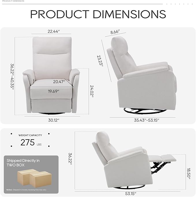 COLAMY Swivel Rocking Recliner Chair, Nursery Rocker Glider Recliner with Extra Large Footrest, Deep Seat, High Back, Upholstered Fabric Reclining Single Sofa for Living Room-White